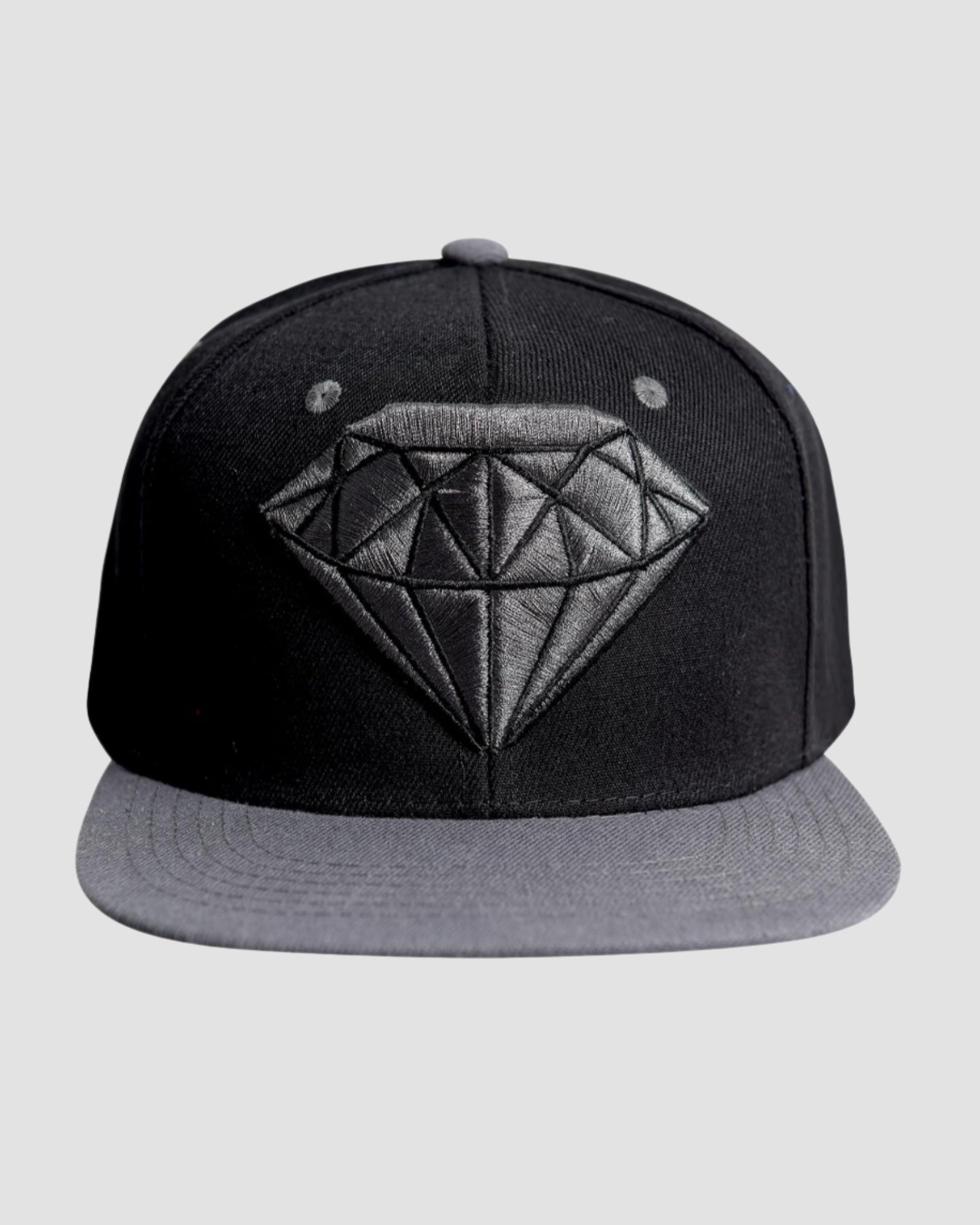 Front view of the Men’s Diamond Snapback by Ring of Fire Clothing in Black Grey color, showcasing the adjustable snapback and wide flat brim, one size fits all.