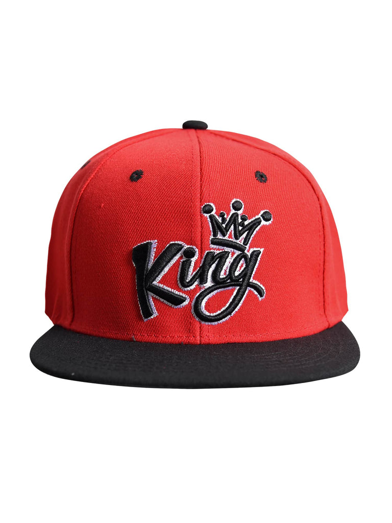Front view of the one-size Men’s King Snapback in Red and Black colors, featuring the ‘King’ text with a crown design.