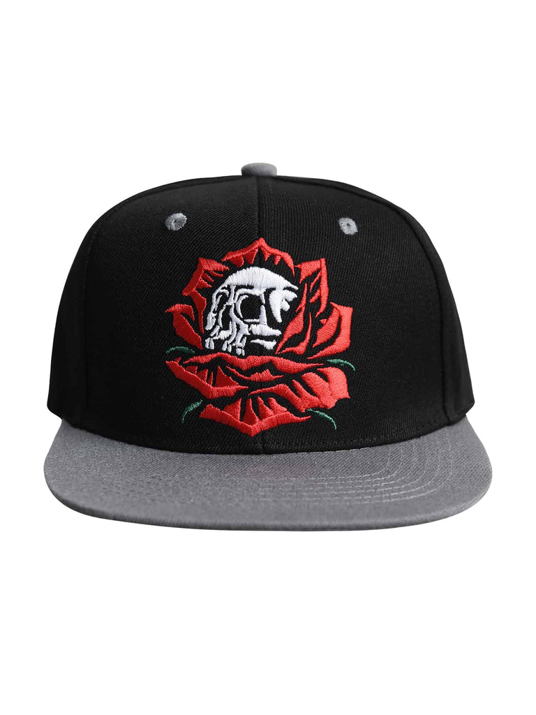 Front view of the Men’s Skull Bloom Snapback by Ring of Fire Clothing in Black, Red, White, and Grey colors, showcasing the unique rose and skull design, one size fits all.
