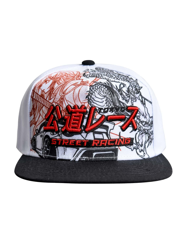 Front view of the ‘Men’s Tokyo Drift Snapback’ in White Red Black color, showcasing the female anime character, dragon design, and ‘street racing’ text, by Ring of Fire Clothing.