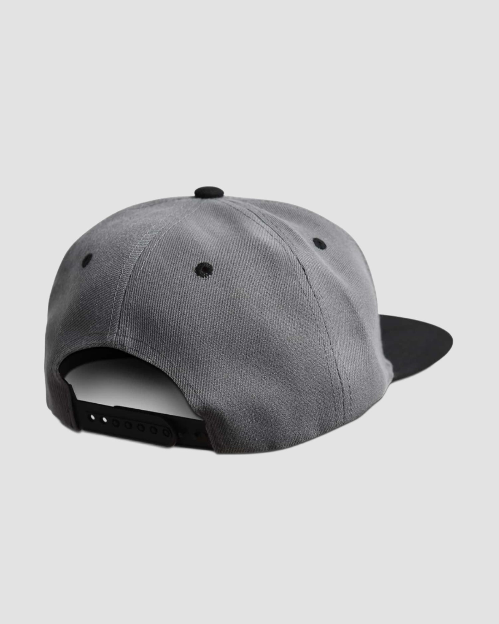Back view of the one-size-fits-all Men’s Kanji Death Snapback by Ring of Fire Clothing in black and grey colors, highlighting the adjustable snapback feature.