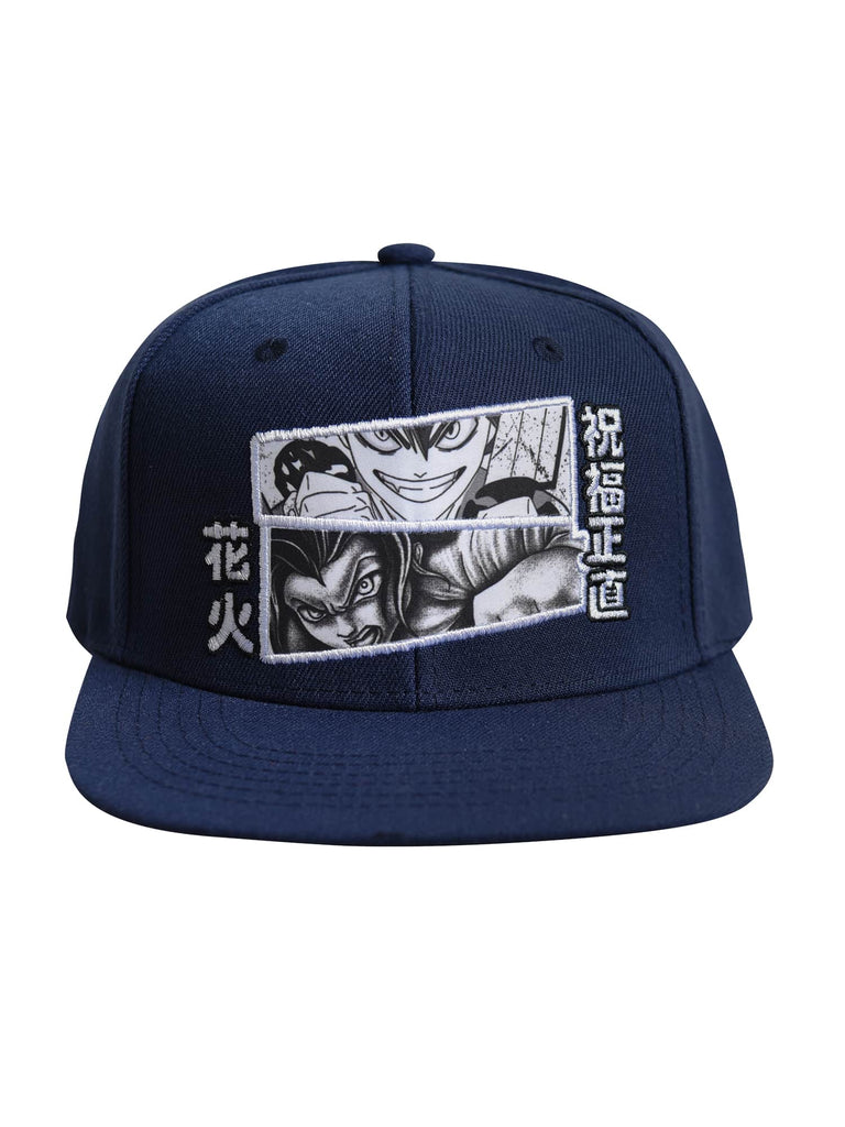 Ring of Fire Men’s Chosen Ones Snapback in navy color, featuring an anime comic strip design with Japanese writing.