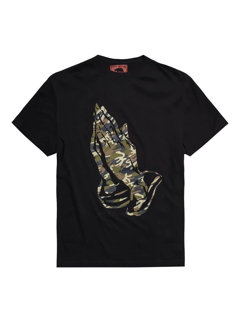 Front view of the Men’s Camo Praying Hands Graphic Tee in black by Ring of Fire