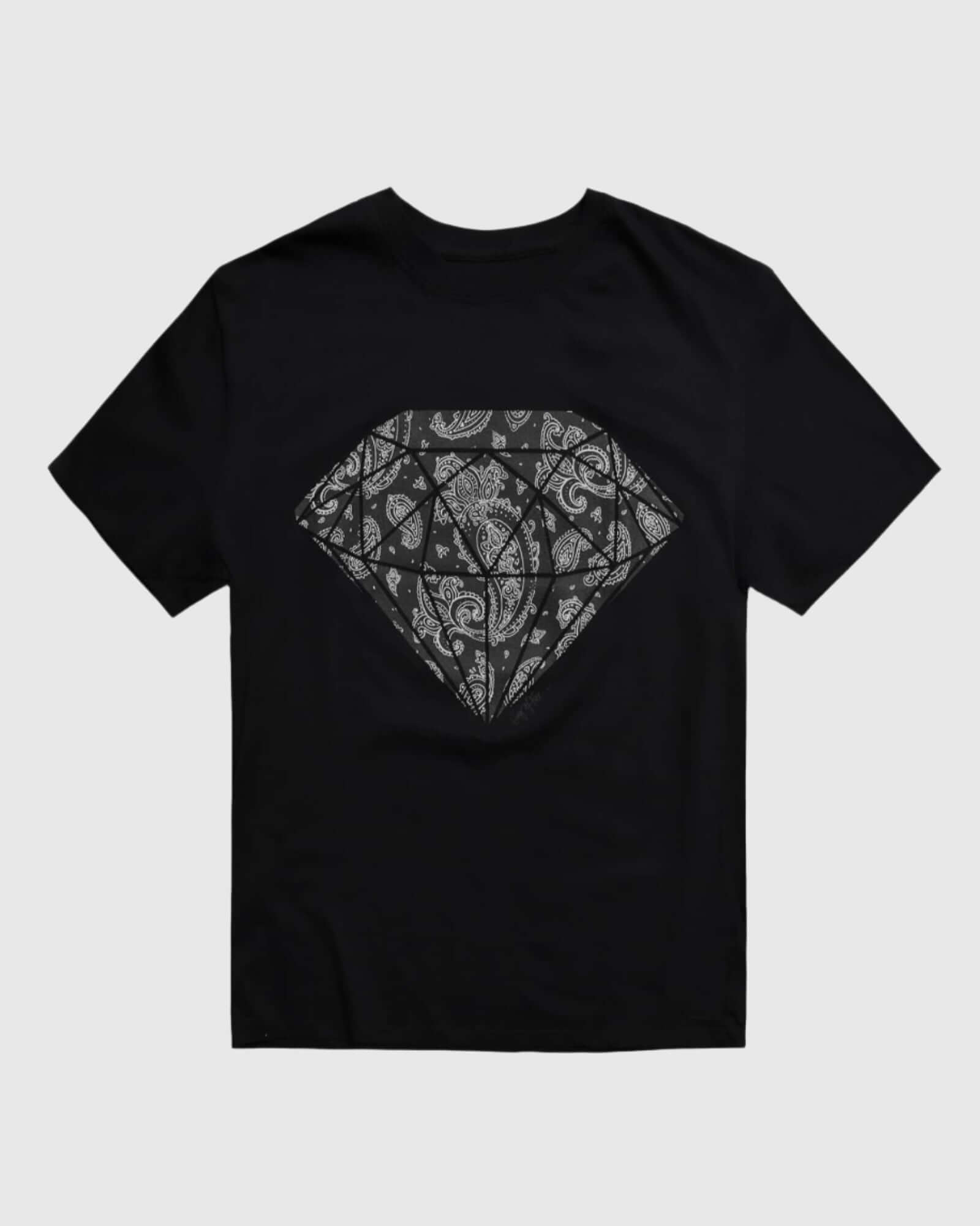 Front view of the black Men’s Paisley Diamond Graphic Tee by Ring of Fire Clothing, laid flat.
