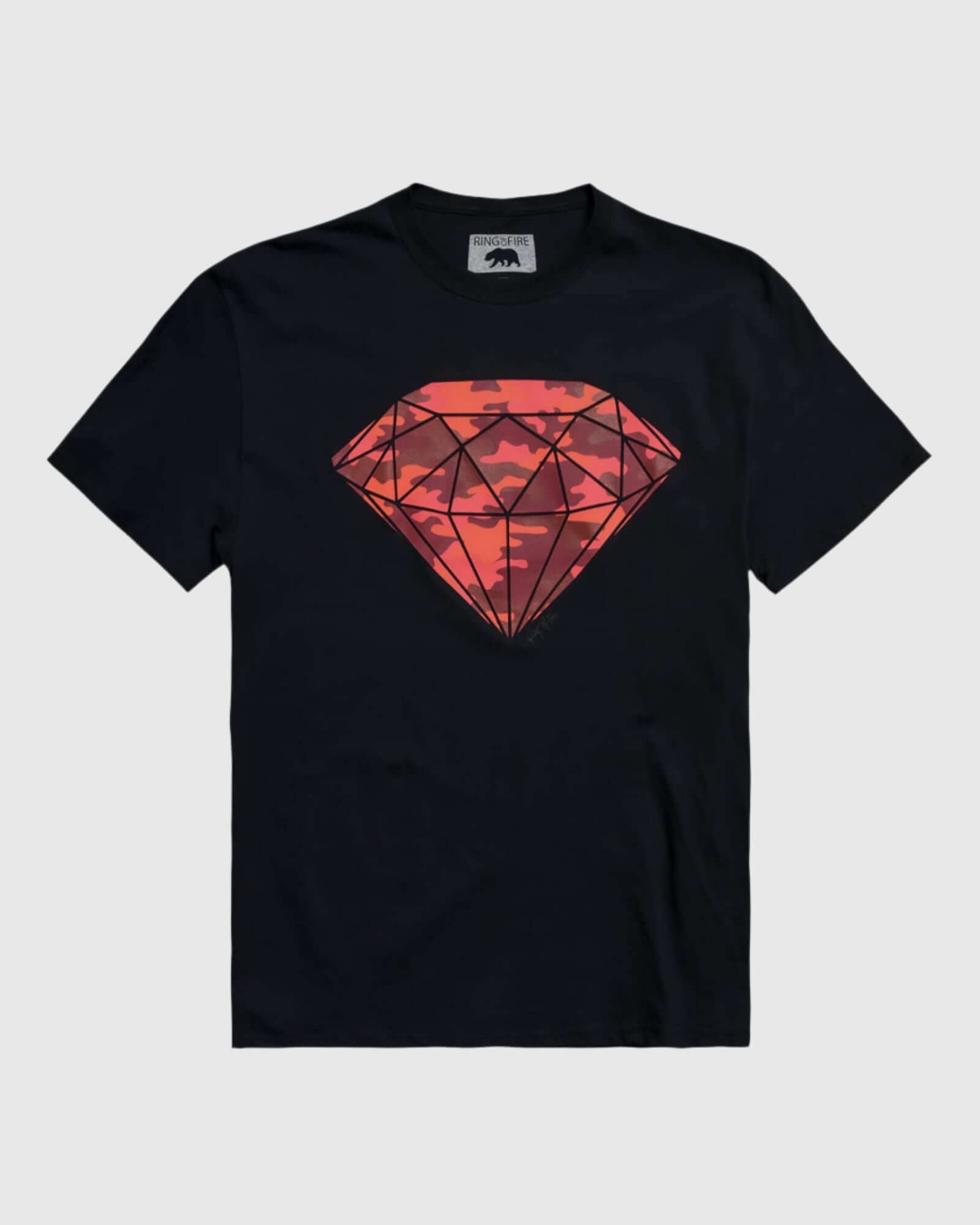 Flat lay of the front of Ring of Fire’s Men’s Black Diamond Graphic Tee, showcasing the unique diamond design.