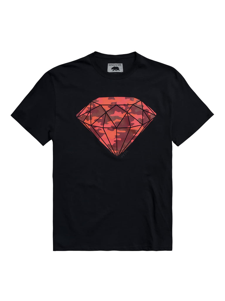 Flat lay of the front of Ring of Fire’s Men’s Black Diamond Graphic Tee, showcasing the unique diamond design.