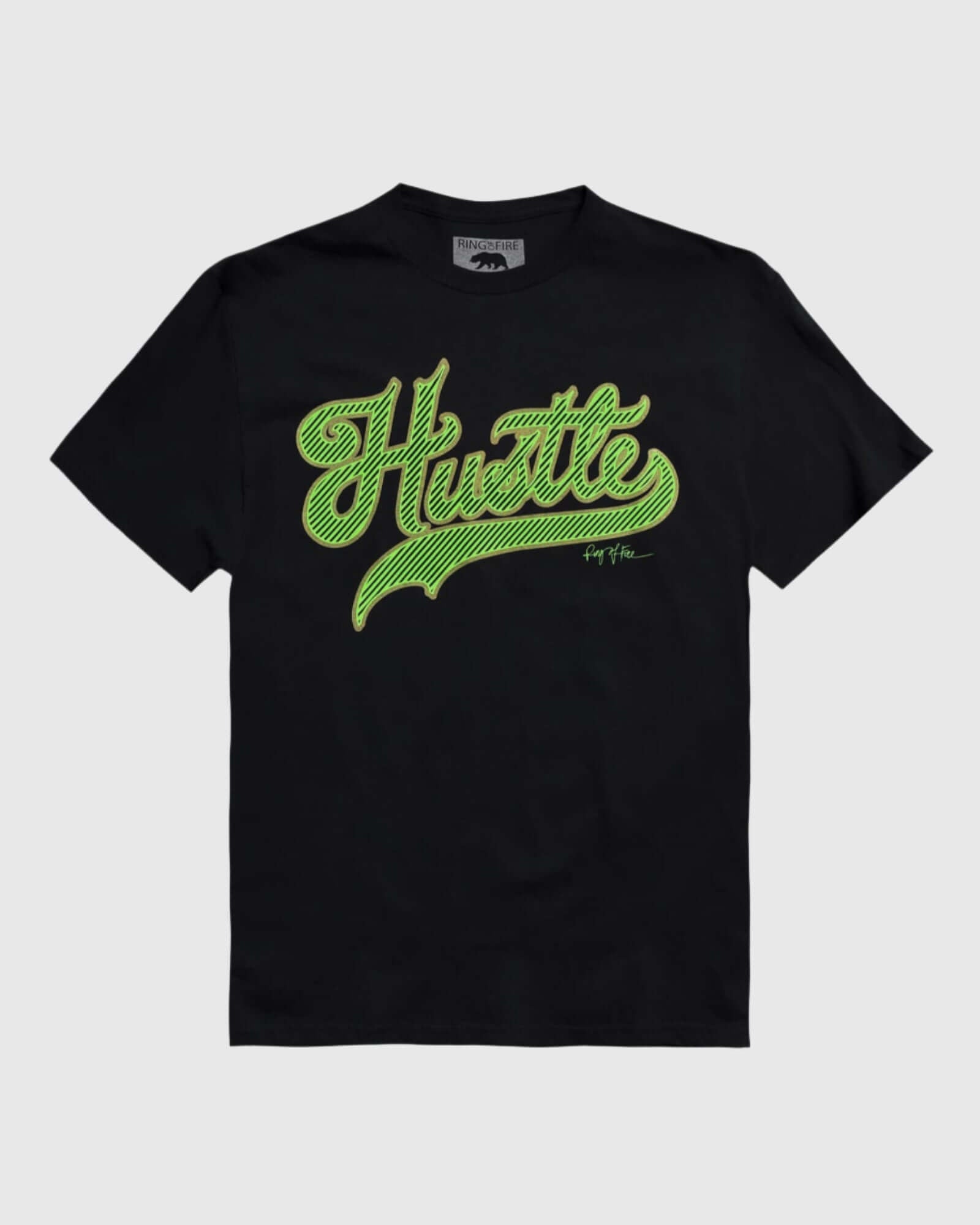 Flat lay of the front of the Men’s Hustle Graphic Tee in black color by Ring of Fire Clothing