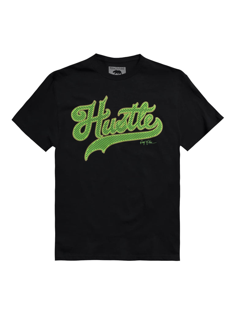Flat lay of the front of the Men’s Hustle Graphic Tee in black color by Ring of Fire Clothing