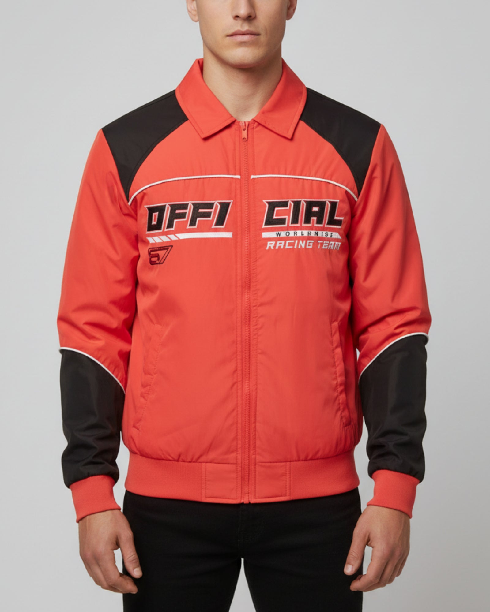 Red and black jacket with 'OFFICIAL' branding on a gray background