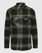 Plaid shirt with green and white pattern on a gray background