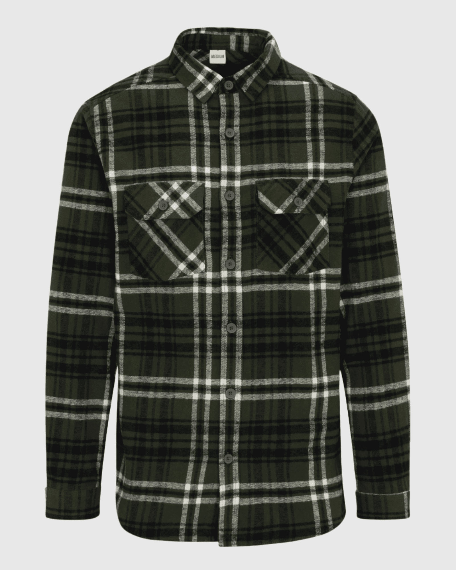 Plaid shirt with green and white pattern on a gray background