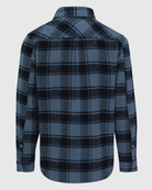 Blue and black plaid shirt on a light gray background