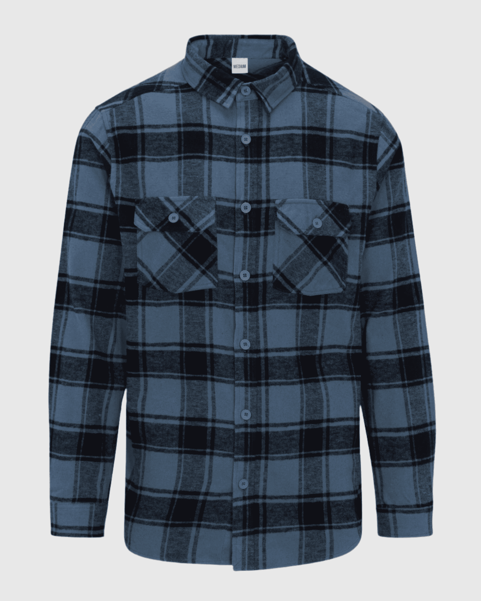 Blue and black plaid shirt on a light gray background
