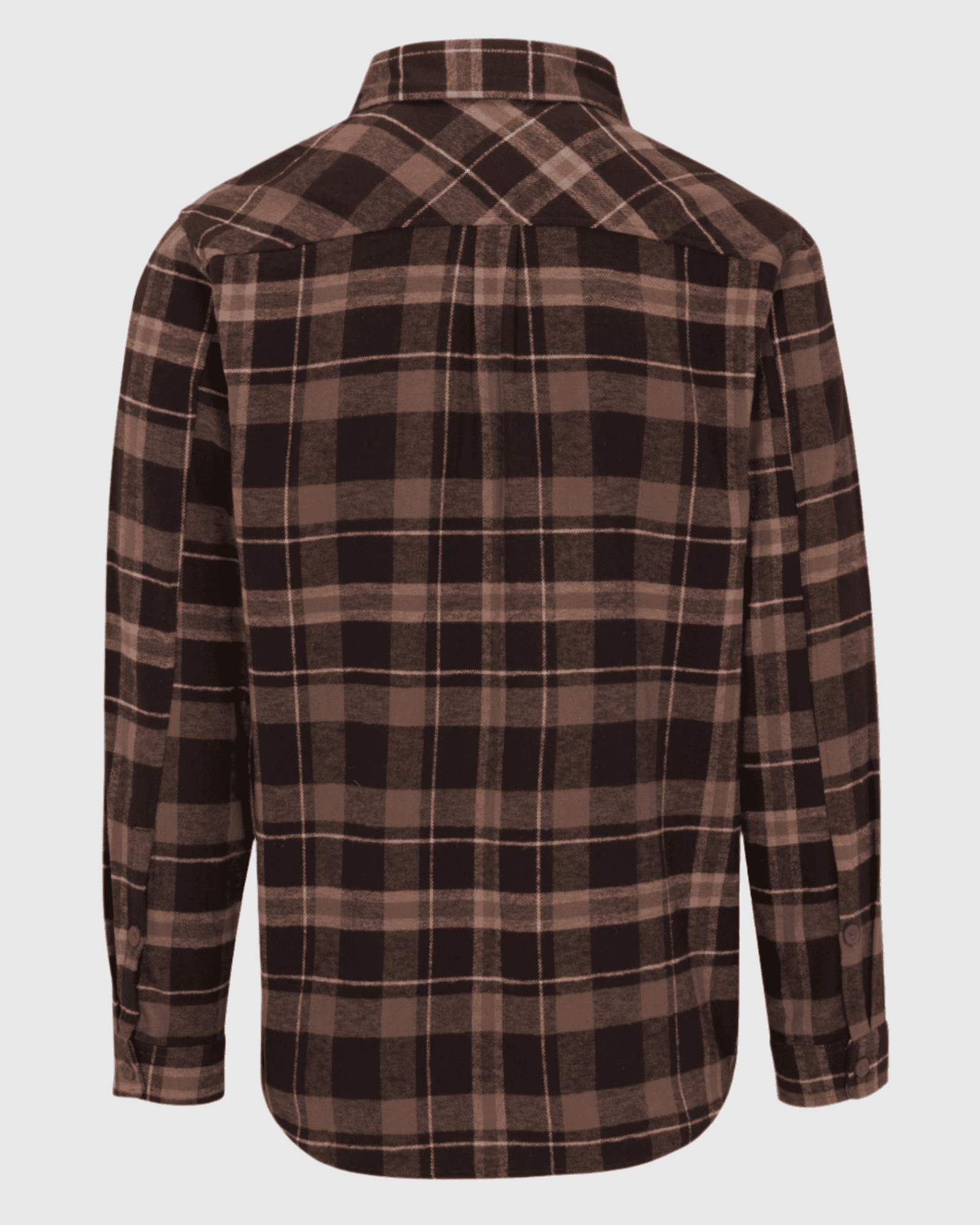 Brown and black plaid shirt on a light gray background