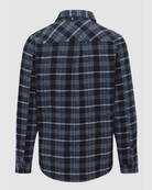 Plaid shirt with black and white pattern on a light gray background