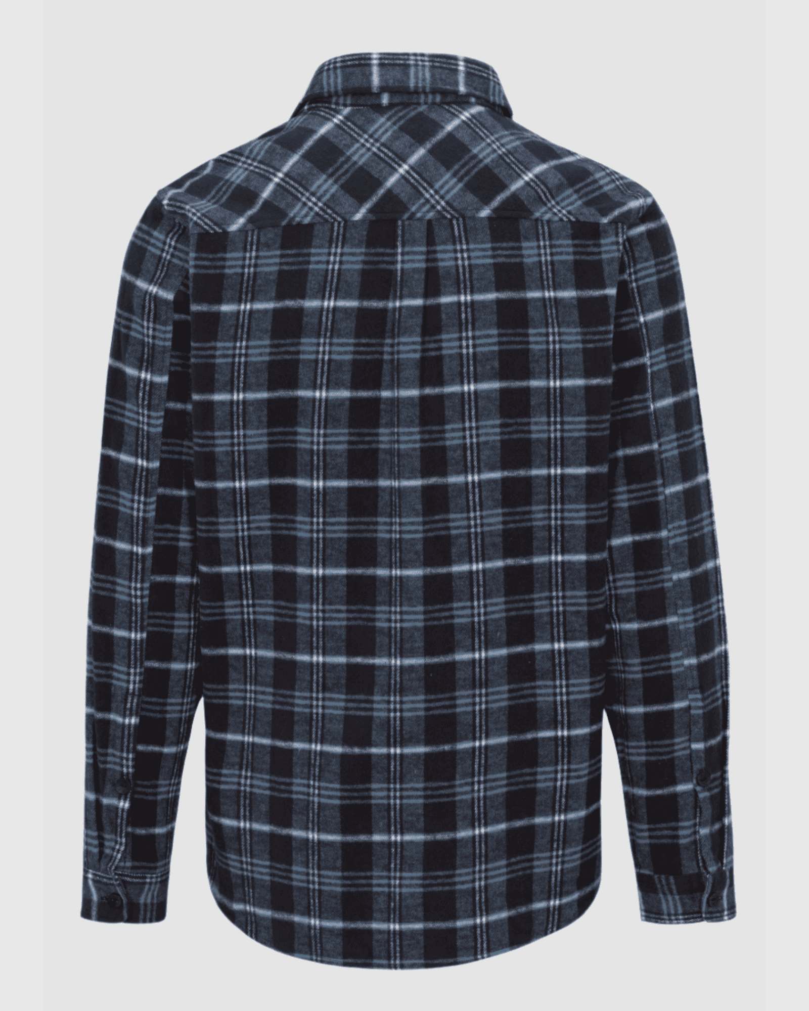 Plaid shirt with black and white pattern on a light gray background