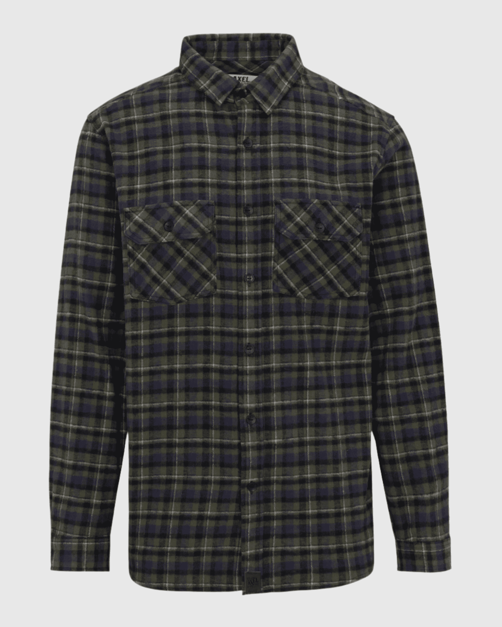 Plaid shirt with two front pockets on a light gray background