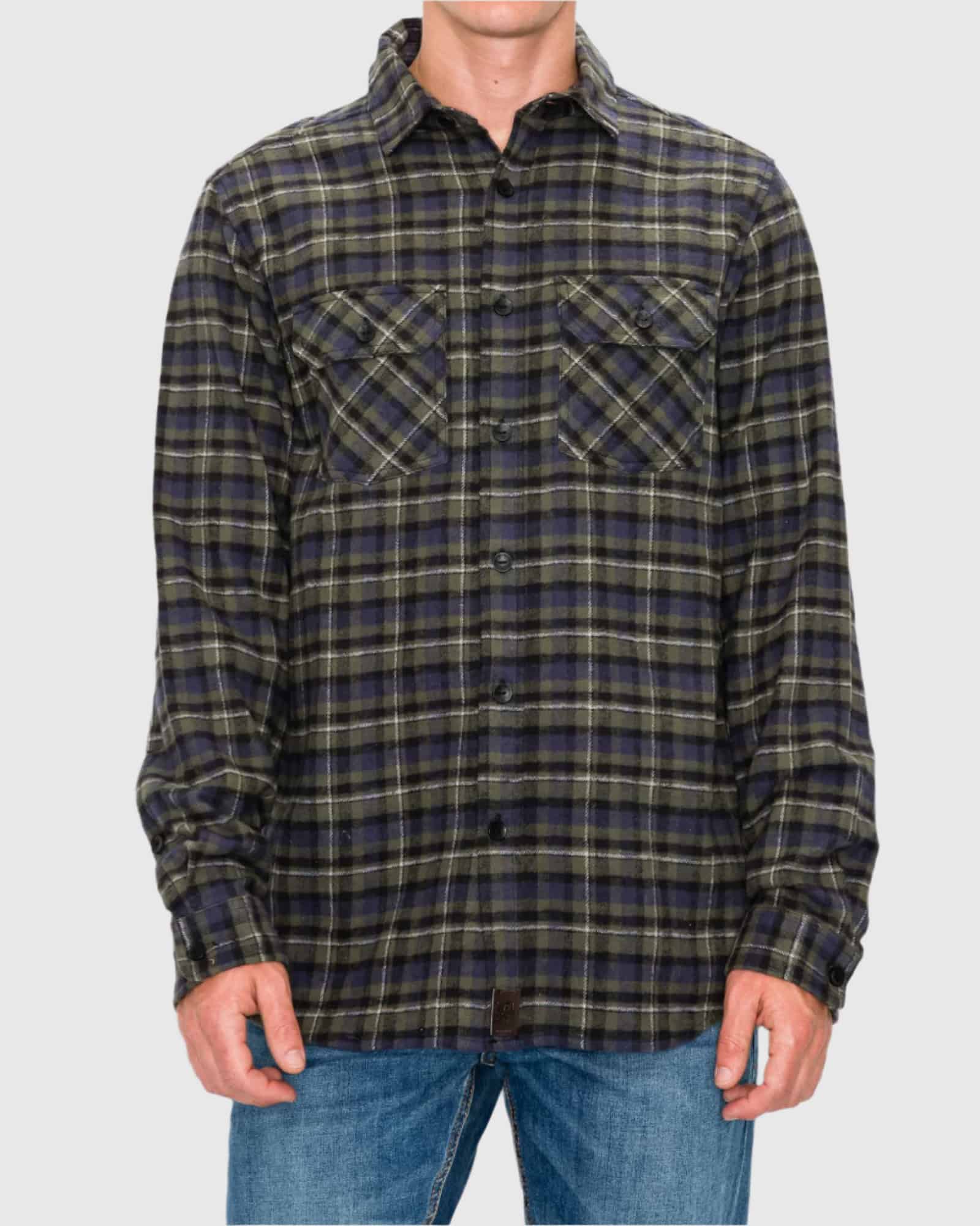 Plaid shirt worn by a person on a plain background
