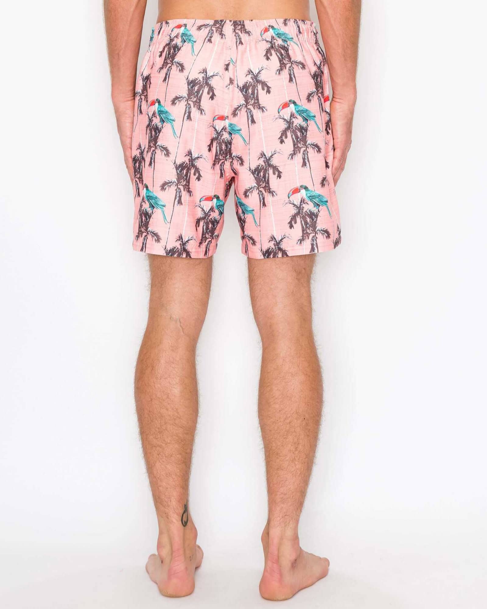 Person wearing pink swim shorts with a parrot pattern on a white background