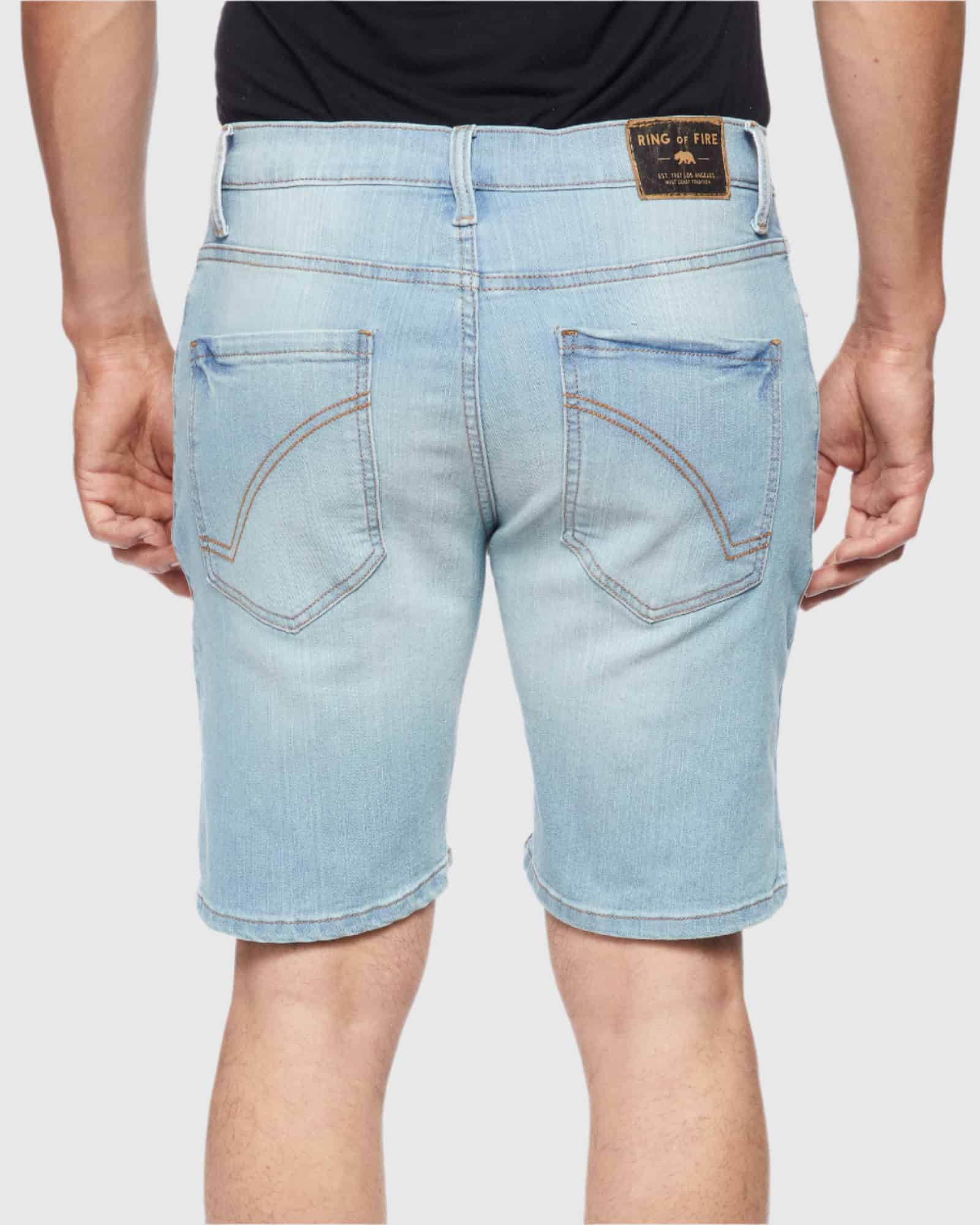 Men 5 pocket styling zipper fly button closure ripper denim shorts in Smoke Blue back shorts