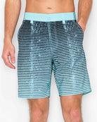 Blue striped shorts worn by a person on a white background