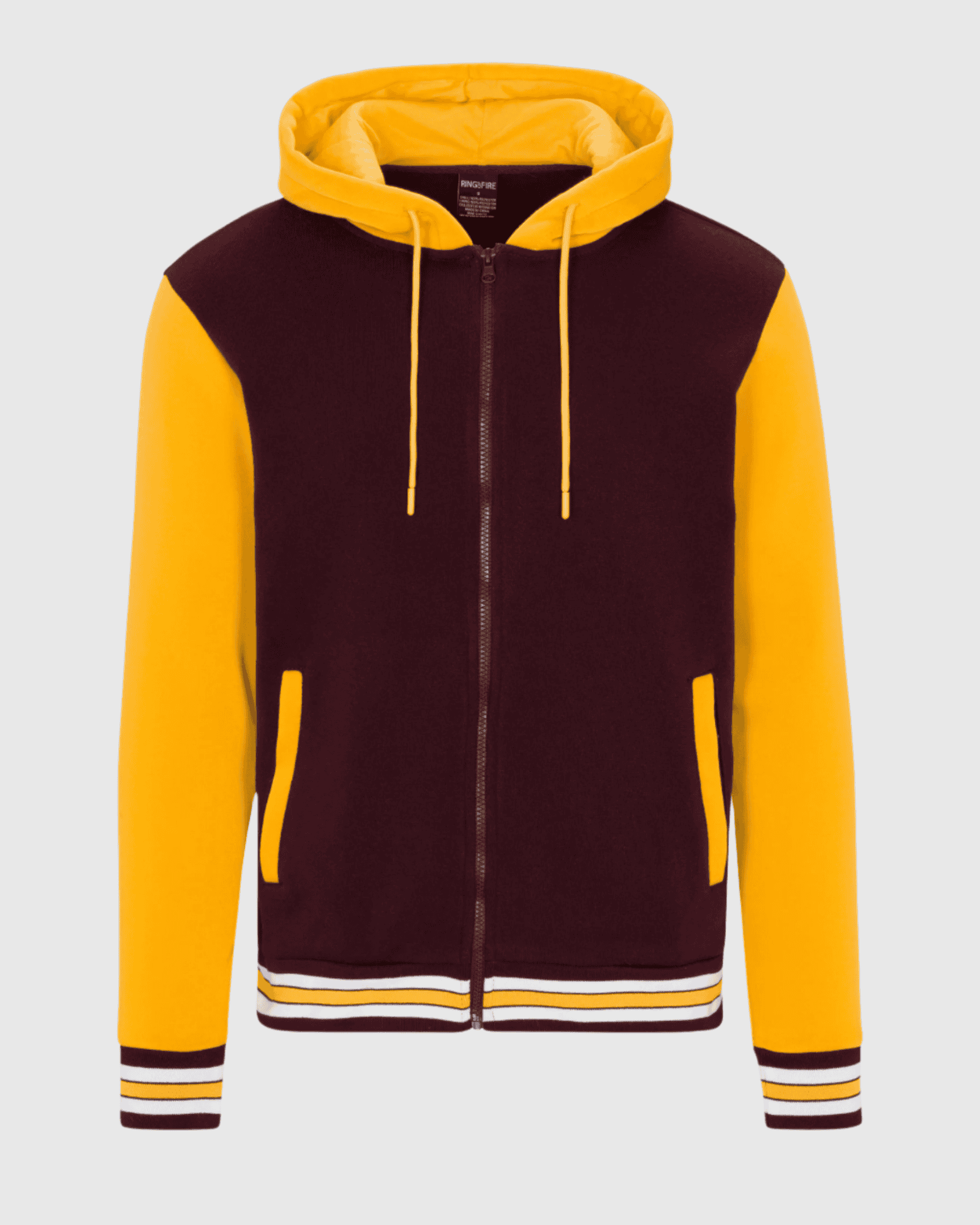 Mens Charlie fleece varsity striped rib jacket in burgundy gold