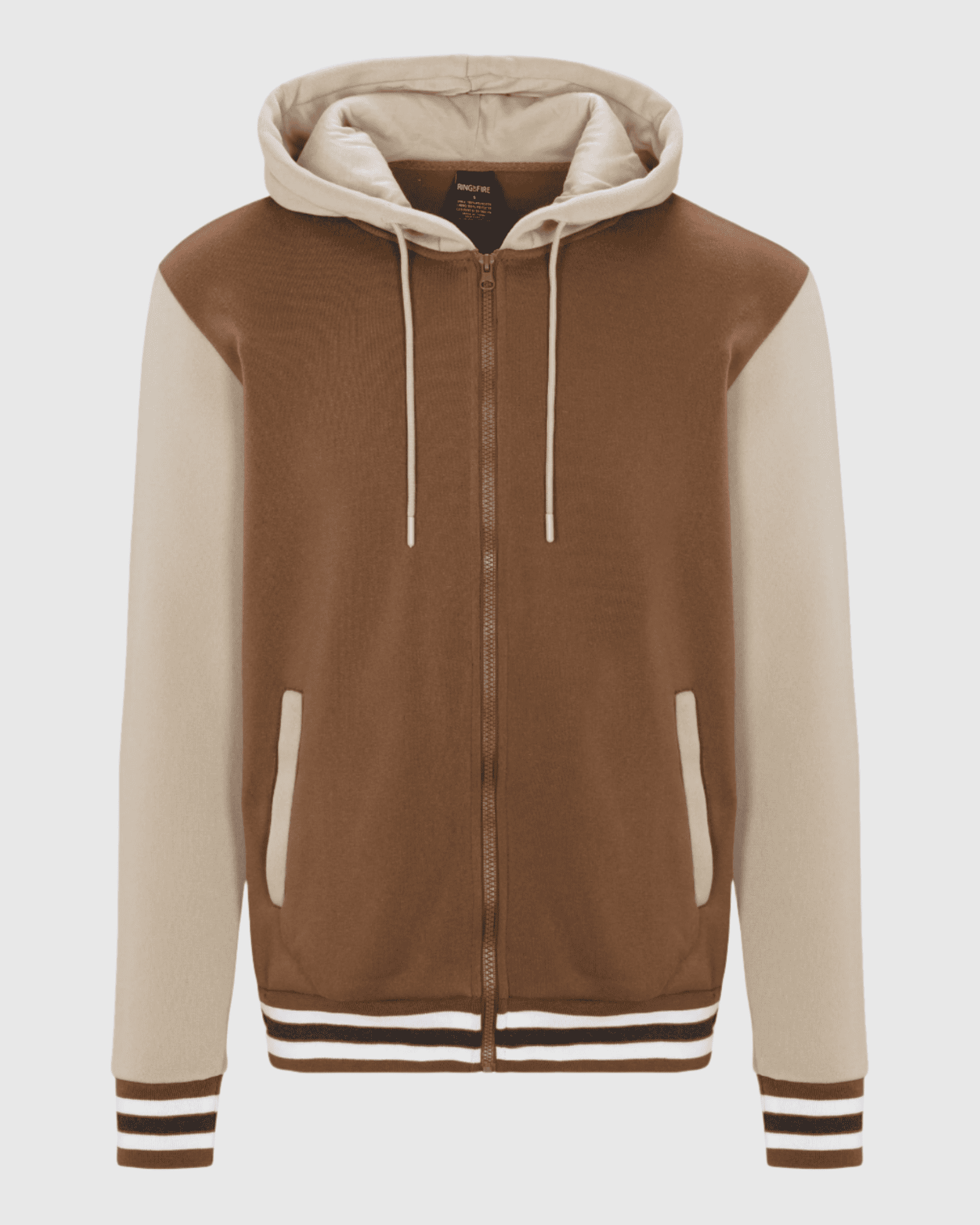 Mens Charlie fleece varsity striped rib jacket in chocolate tan