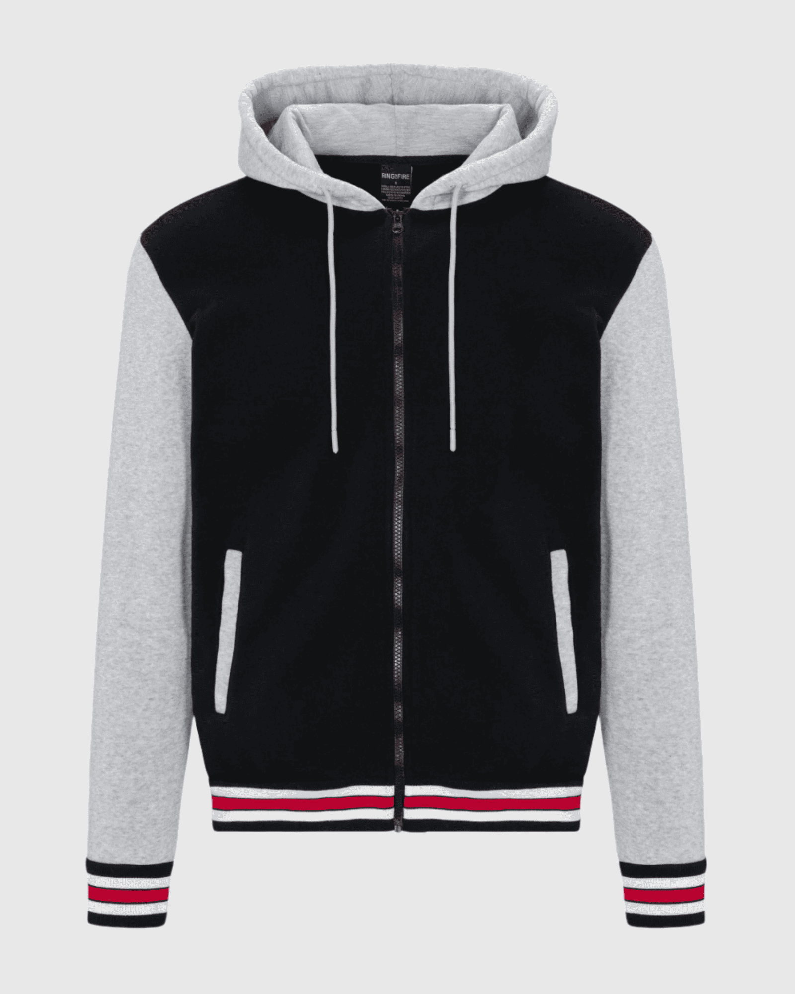 Mens Charlie fleece varsity striped rib jacket in black light heather gray