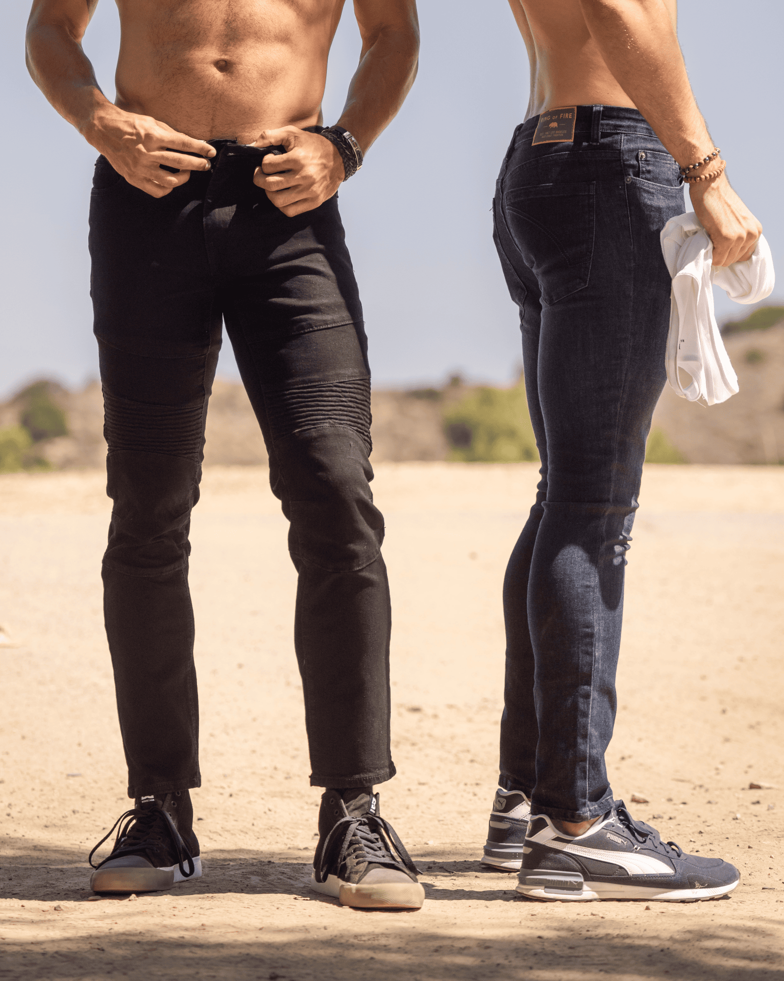 Close-up of two men wearing contemporary denim jeans from our collection