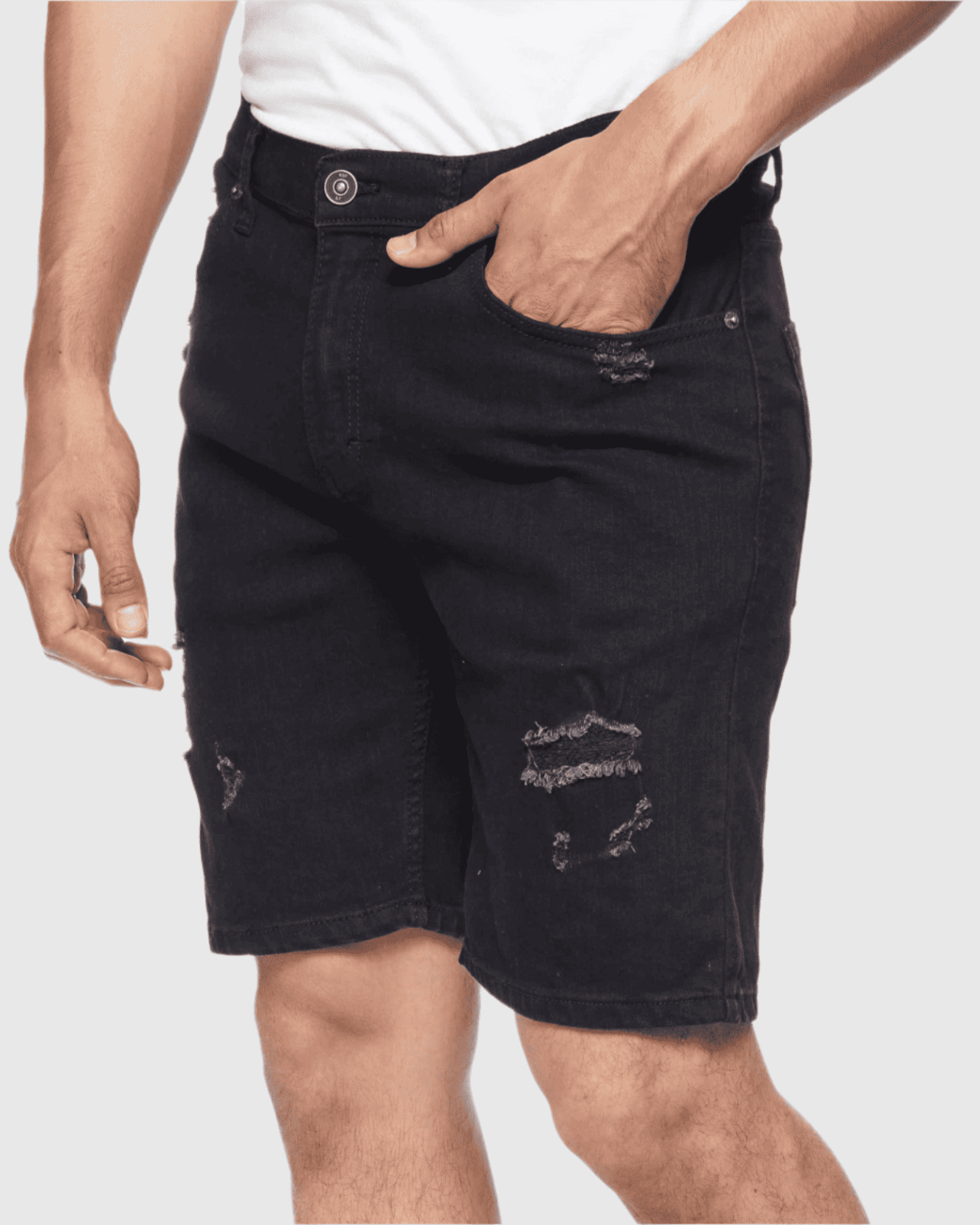 Model wearing Ring of Fire’s Men’s Ripper Denim Shorts in Black Paradise - Angle View