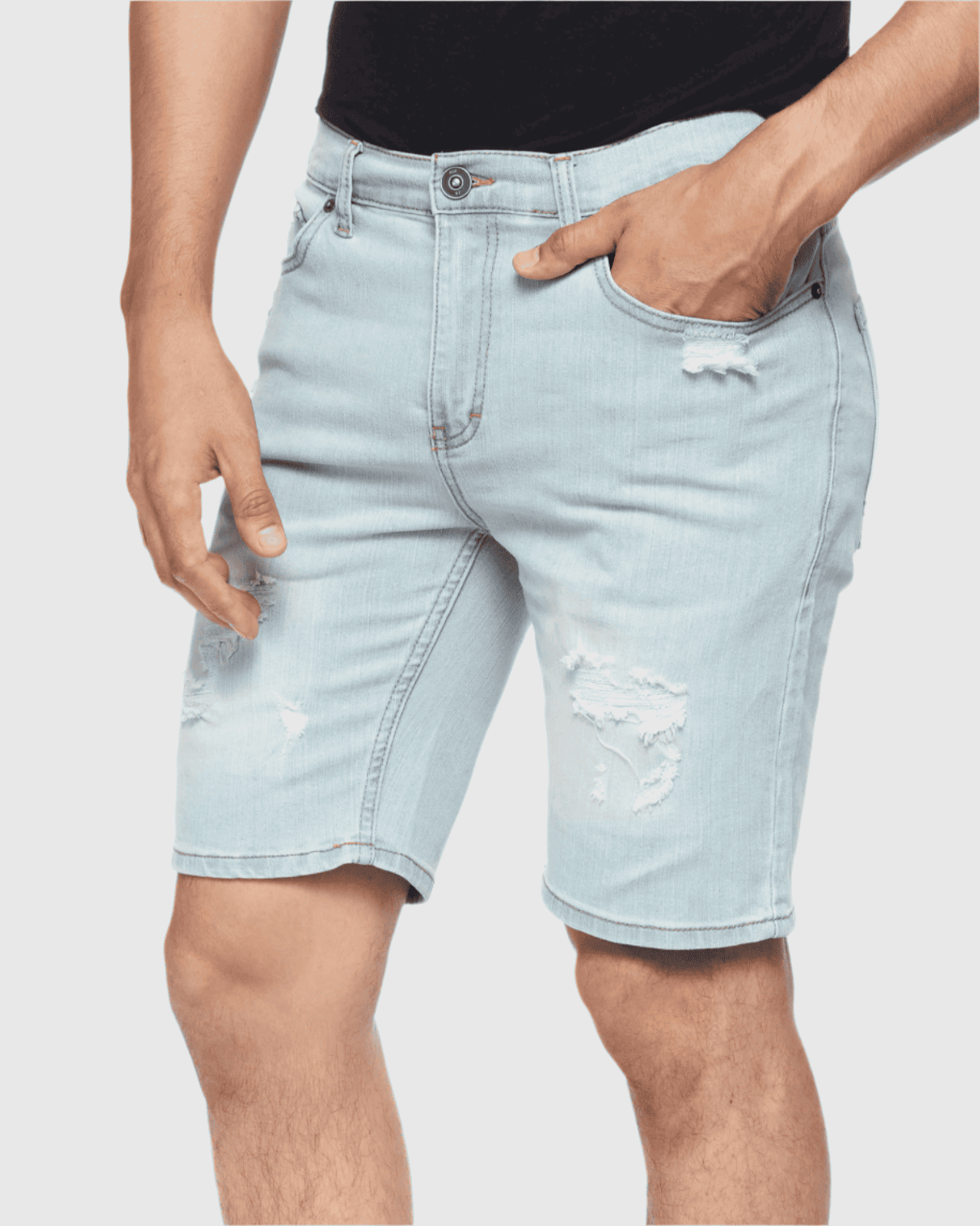 Front view of model wearing Ring of Fire’s Men’s Ripper Denim Shorts in Blue Bleached