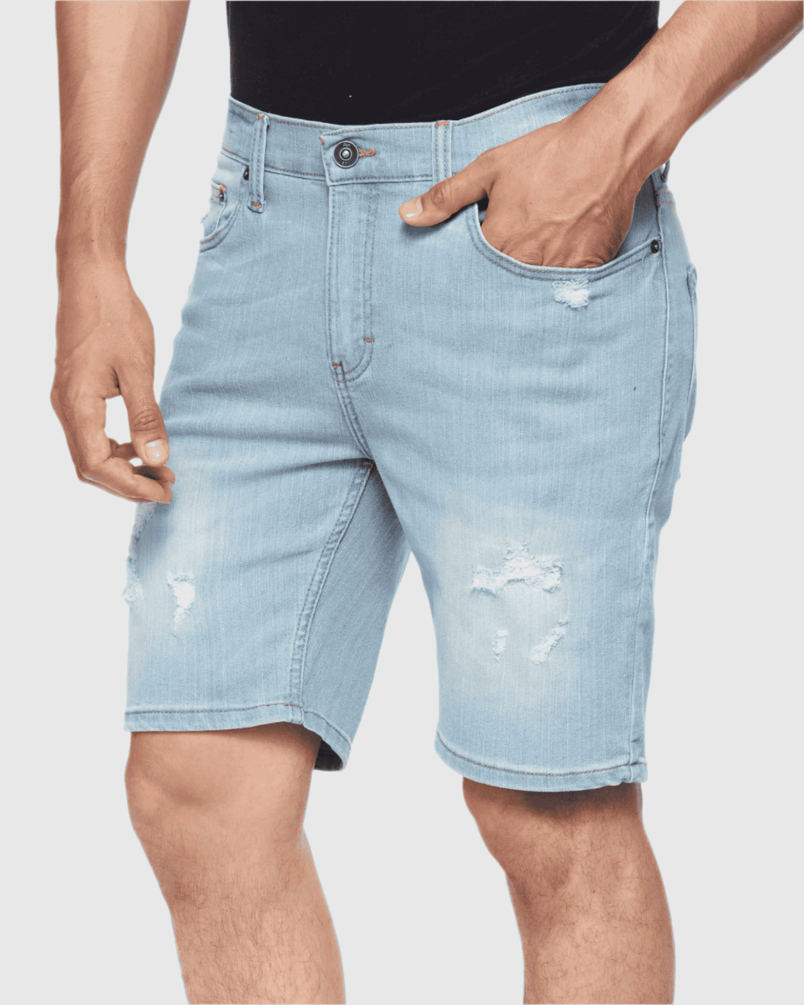 Angle shot of model in Smoke Blue Men’s Ripper Denim Shorts from Ring of Fire