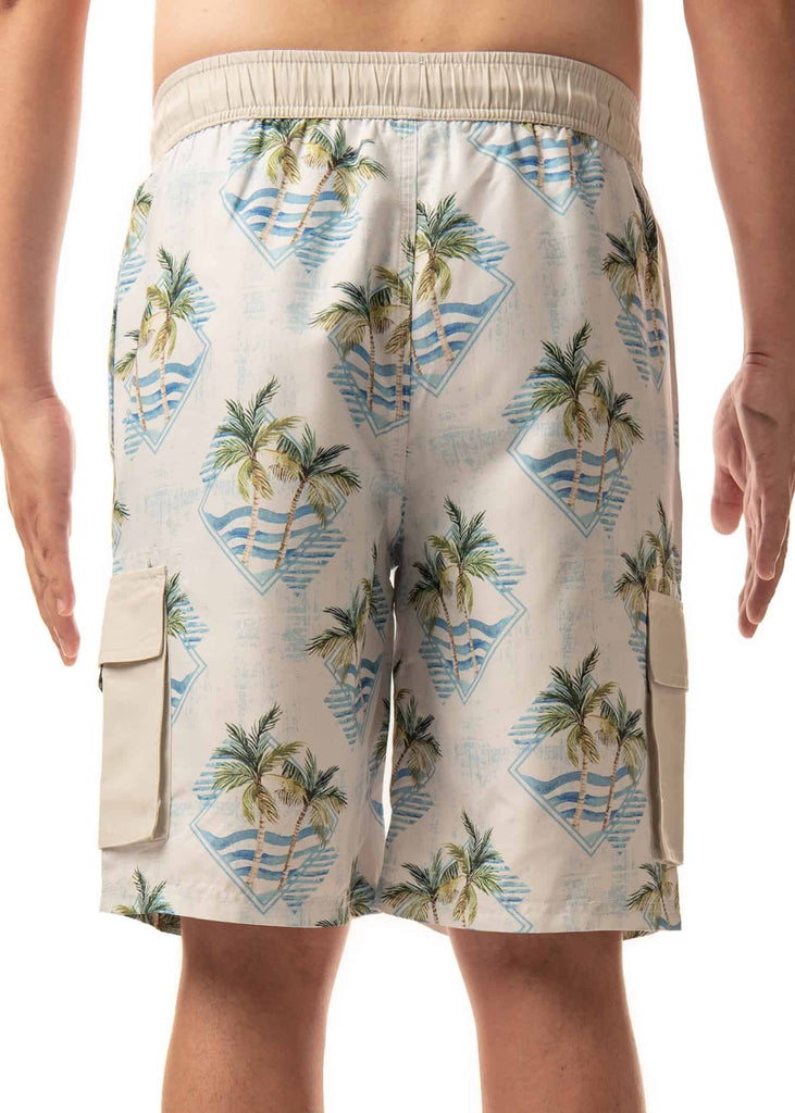 Back view of a model in the Men’s Palm Geo Board Shorts, emphasizing the two hand pockets