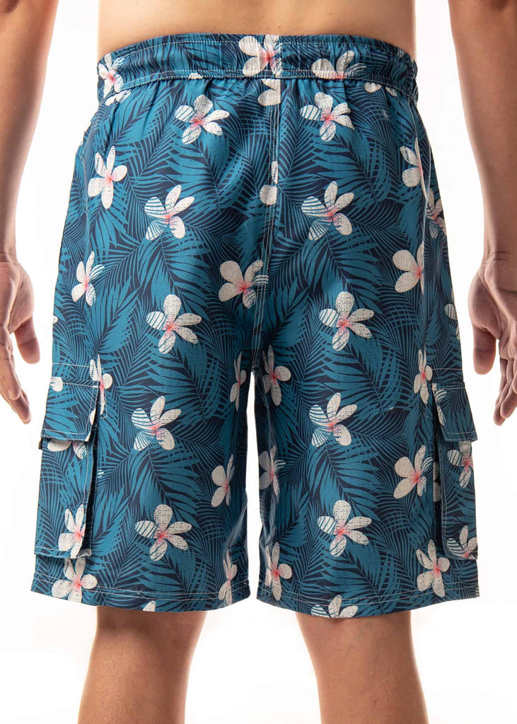 Back view of Men’s Midnight Bloom Board Shorts, highlighting the elastic waistband and unique floral design