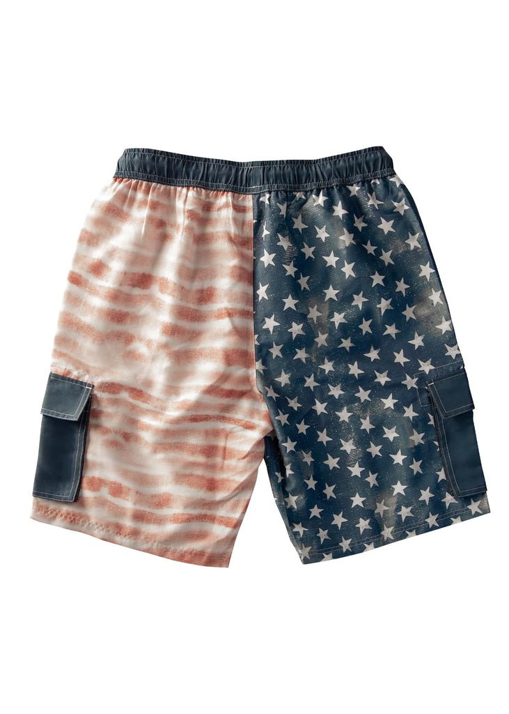 Back view of Men’s Americana Board Shorts in a flat lay, highlighting the elastic waistband and drawstring closure