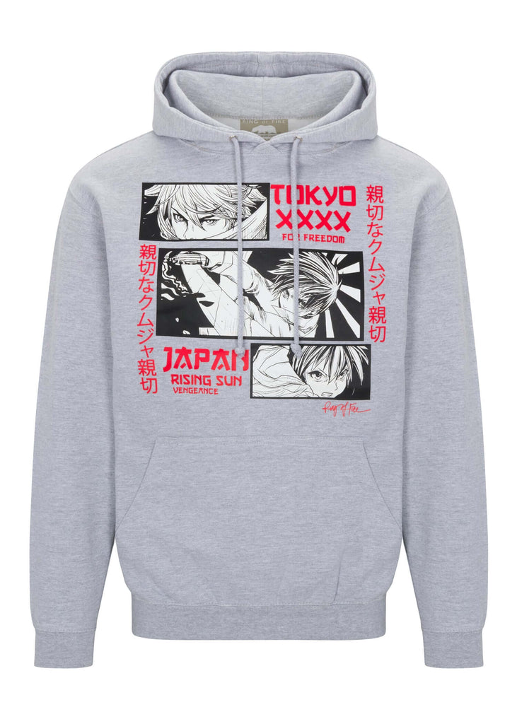 Front view of Ring of Fire’s Men’s Rising Sun Hoodie in Heather Gray color, featuring Anime graphic