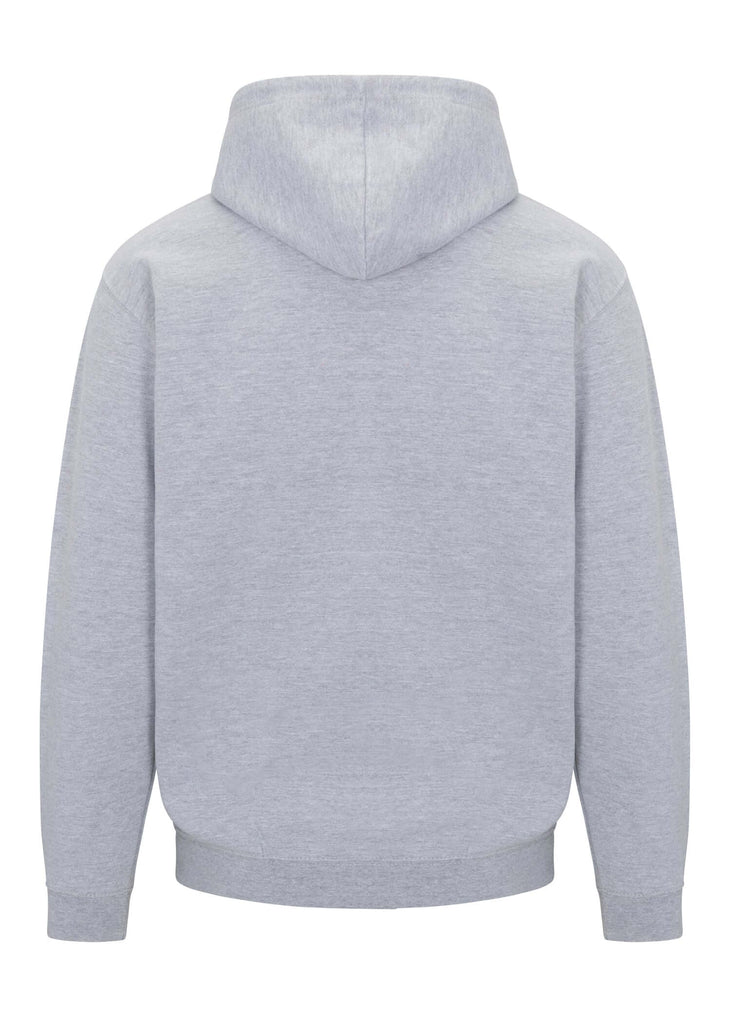 Back view of Ring of Fire’s Men’s Rising Sun Hoodie in Heather Gray color