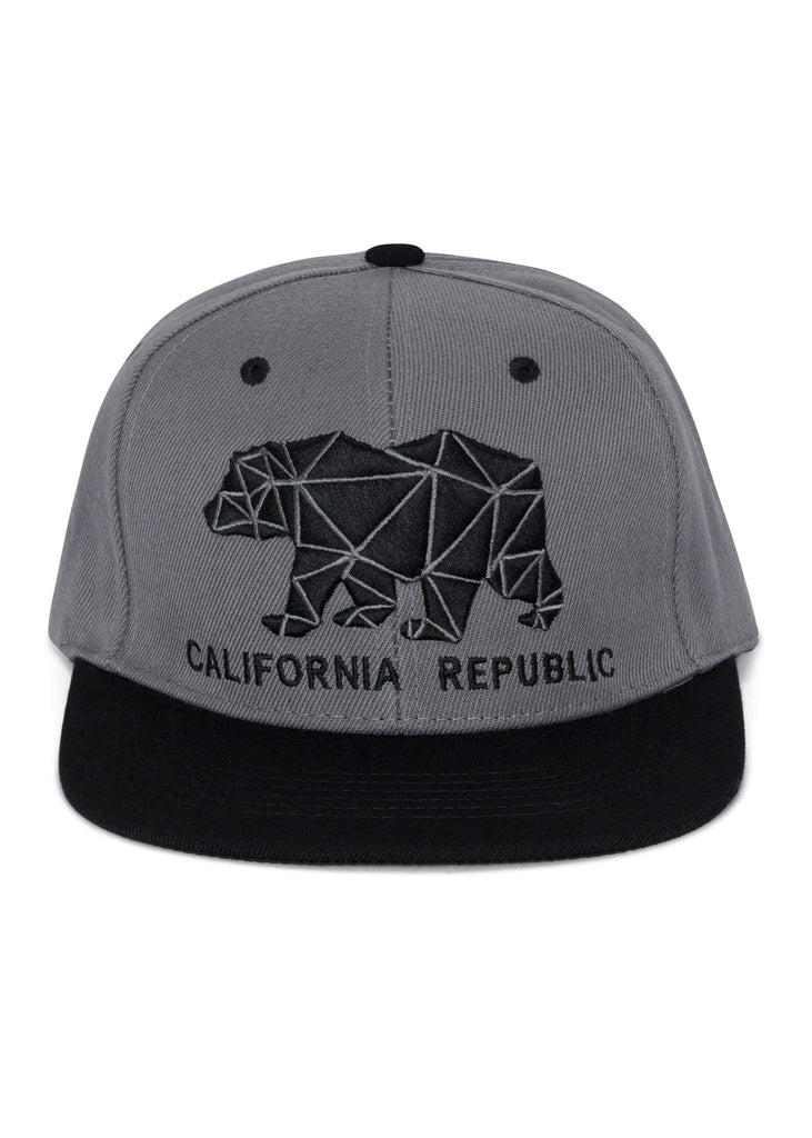 Front view of the Men’s Geo Bear Snapback by Ring of Fire Clothing in Black Grey color, showcasing the geometric bear design inspired by the California flag.