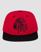 Front view of the Men’s Chief Head Snapback by Ring of Fire Clothing in Red Black color, highlighting the detailed Chief Tribal head design, size One Size.