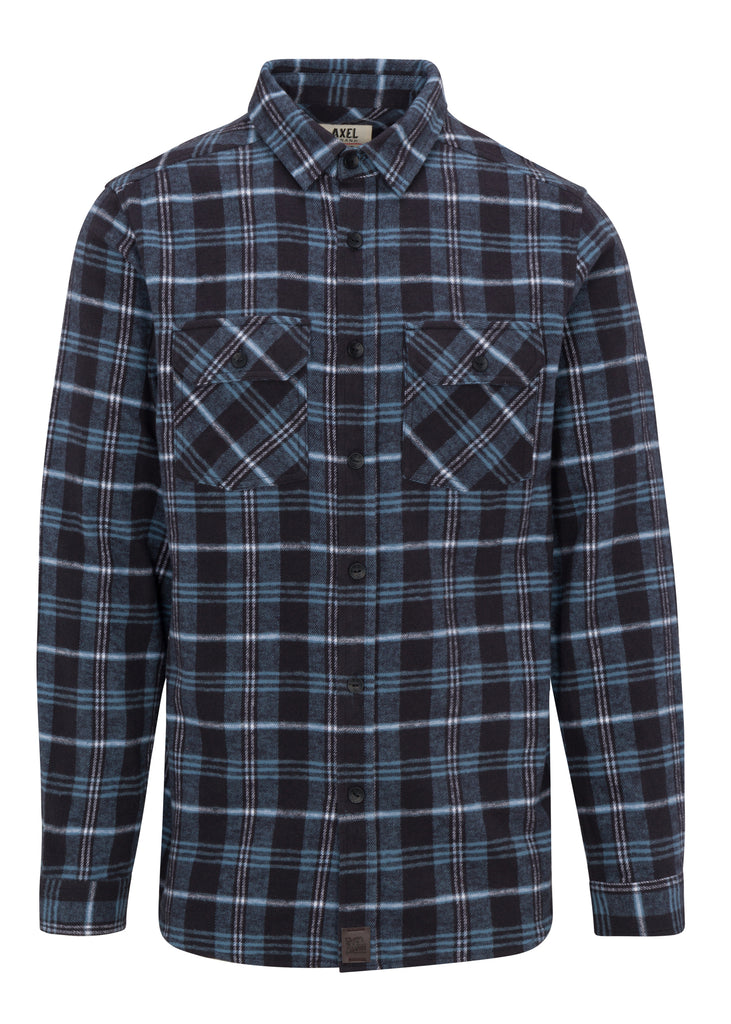 Flat lay front view of Blue Navy Men’s Andrew Plaid Flannel Shirt