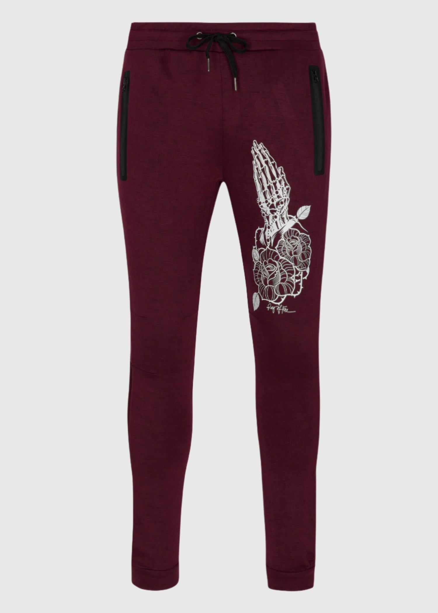 Mens printer slated knit joggers in burgundy heat seal zipper pockets
