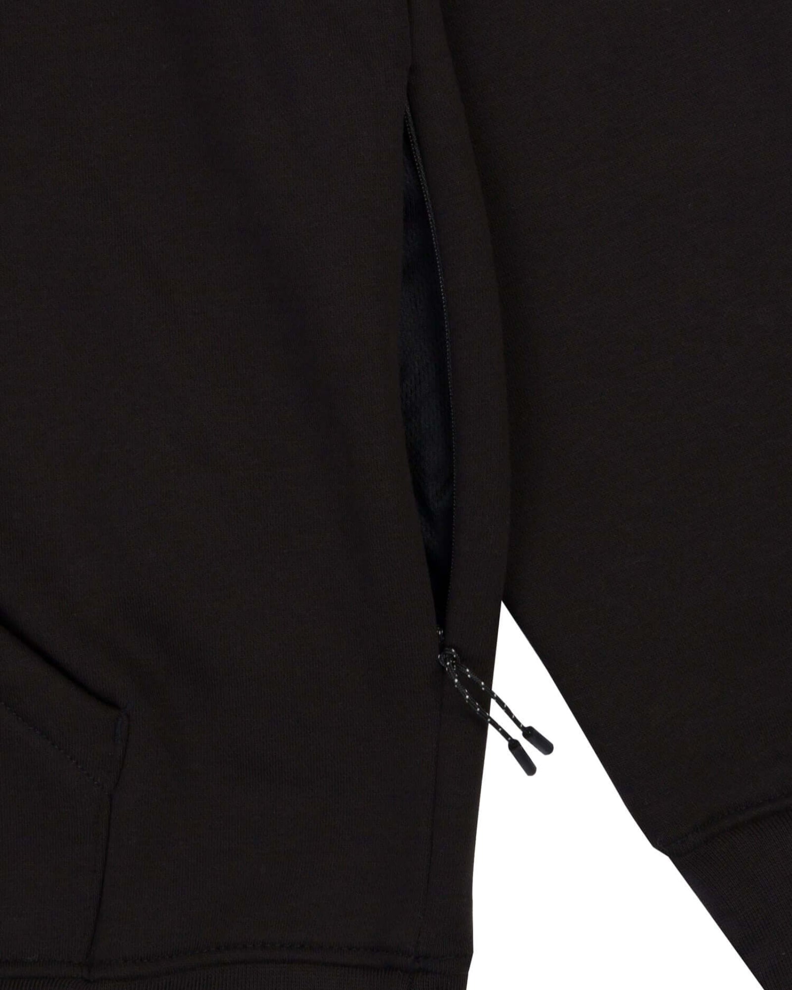 Mens drawstring kangaroo front pocket premium September hoodie in black side seam zipper pocket