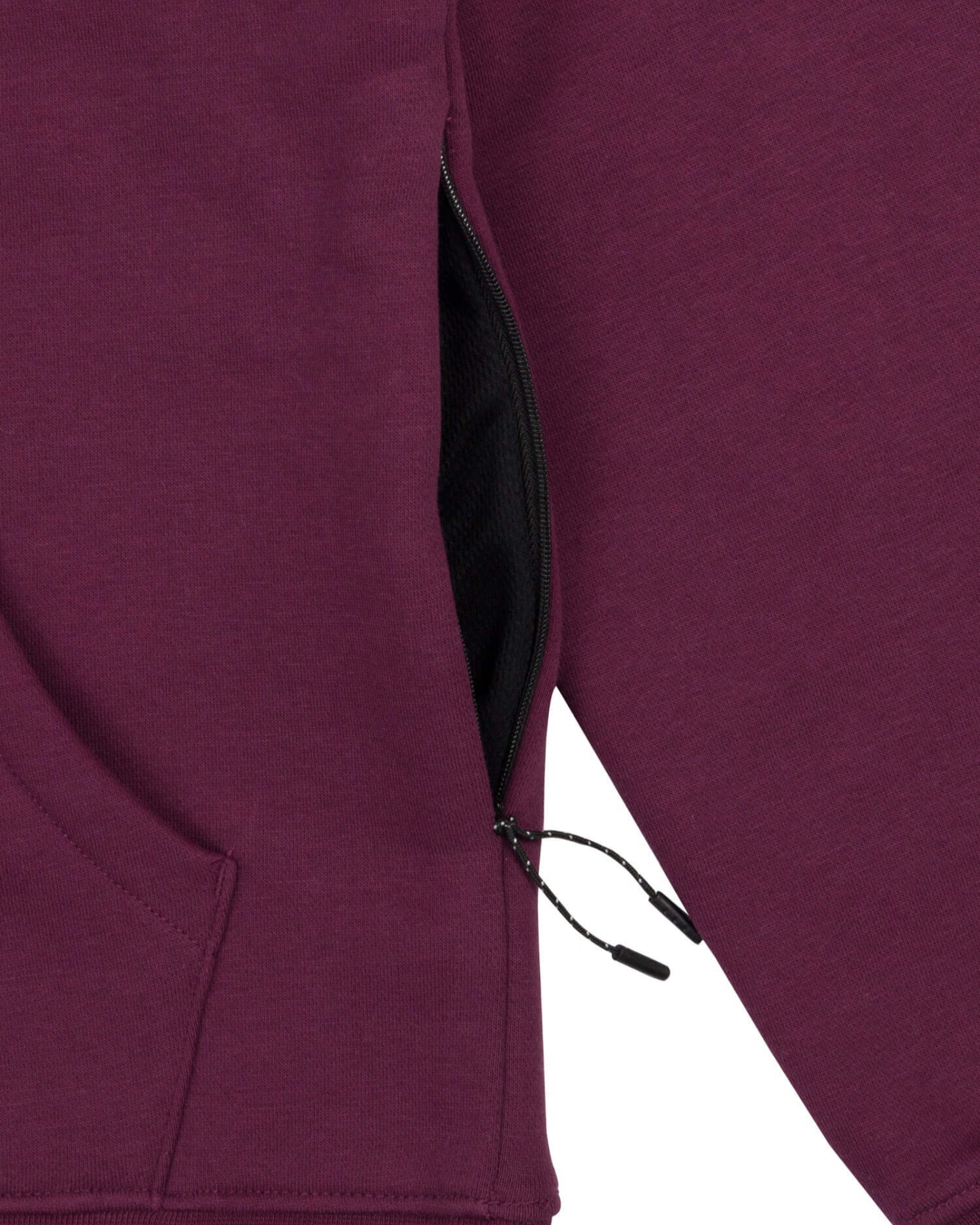 Mens drawstring kangaroo front pocket premium September hoodie in grape wine side seam zipper pocket