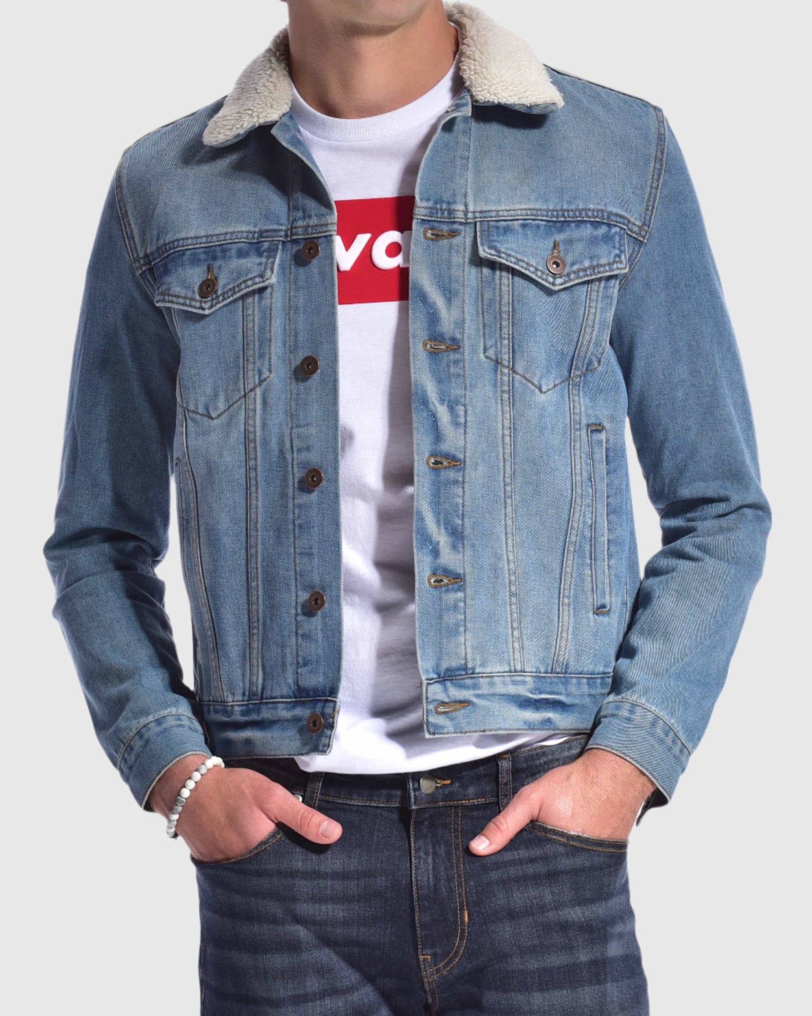 Mens denim trucker sherpa jacket in light blue with two chest pockets and button closure