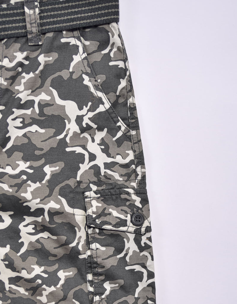 Boy's belted bobby shorts in Jungle Camo cargo side pocket