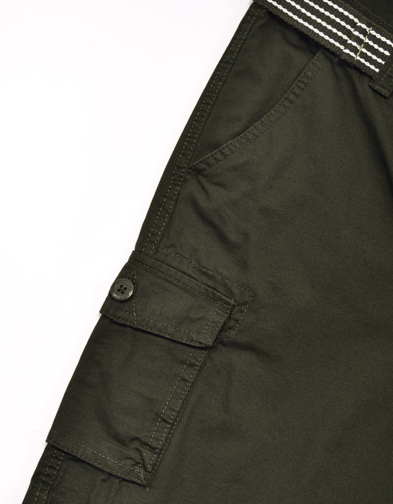 Boy's belted bobby shorts in Olive cargo side pocket 