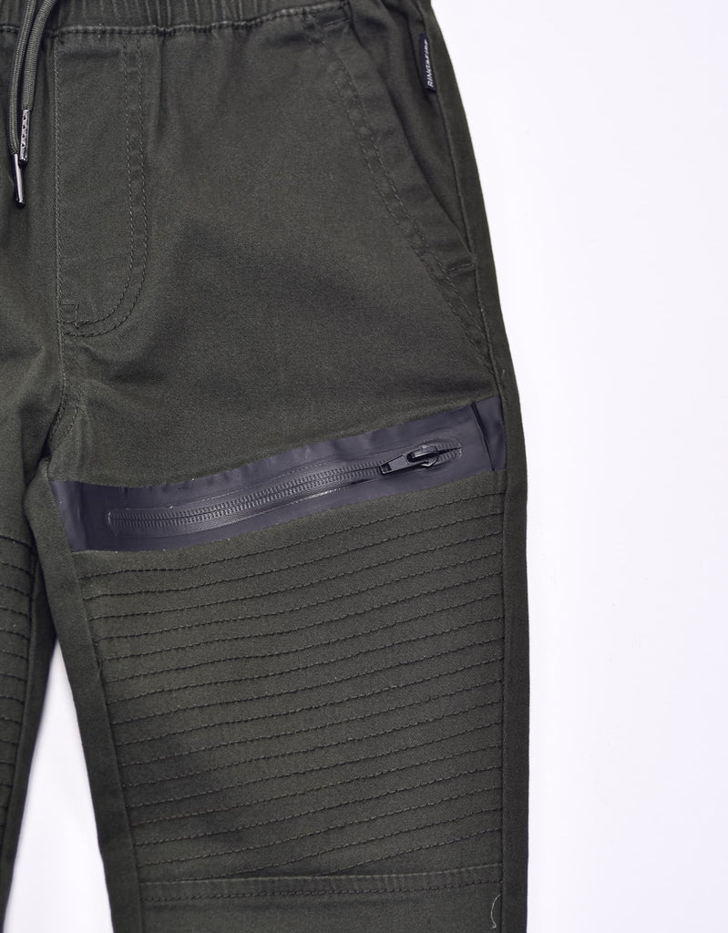 Boy's mashout twill jogger in Olive side-entry zippered heat seal pocket 