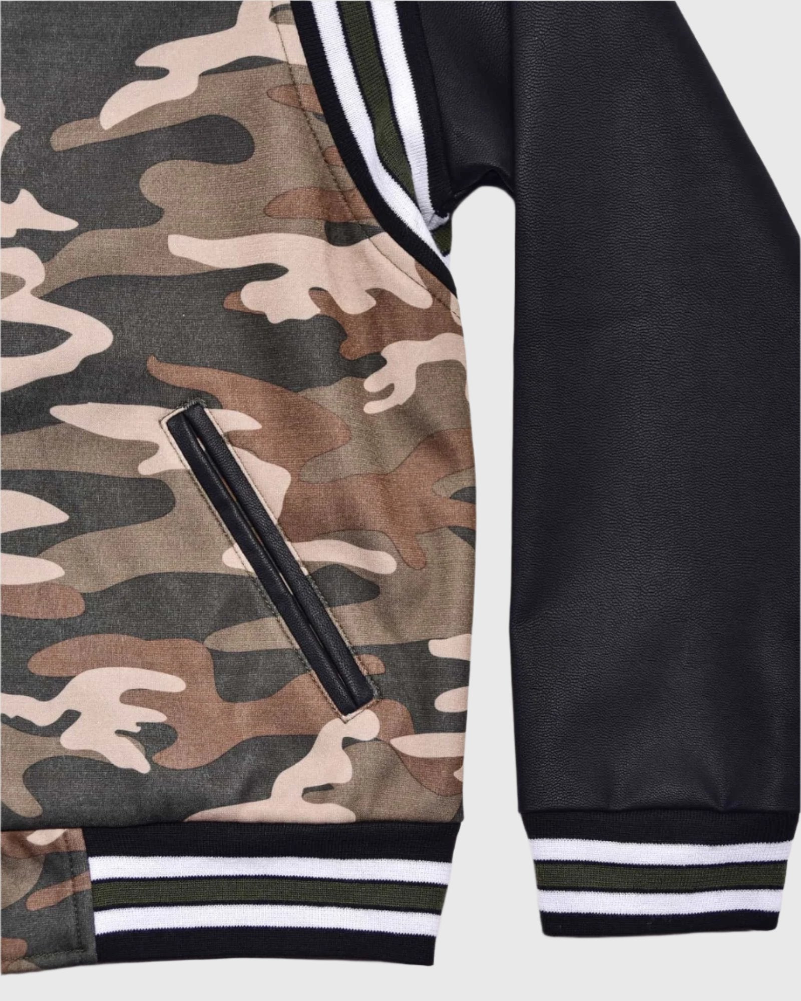 Boy's starter baseball PU jacket in Green Camo banded hem
