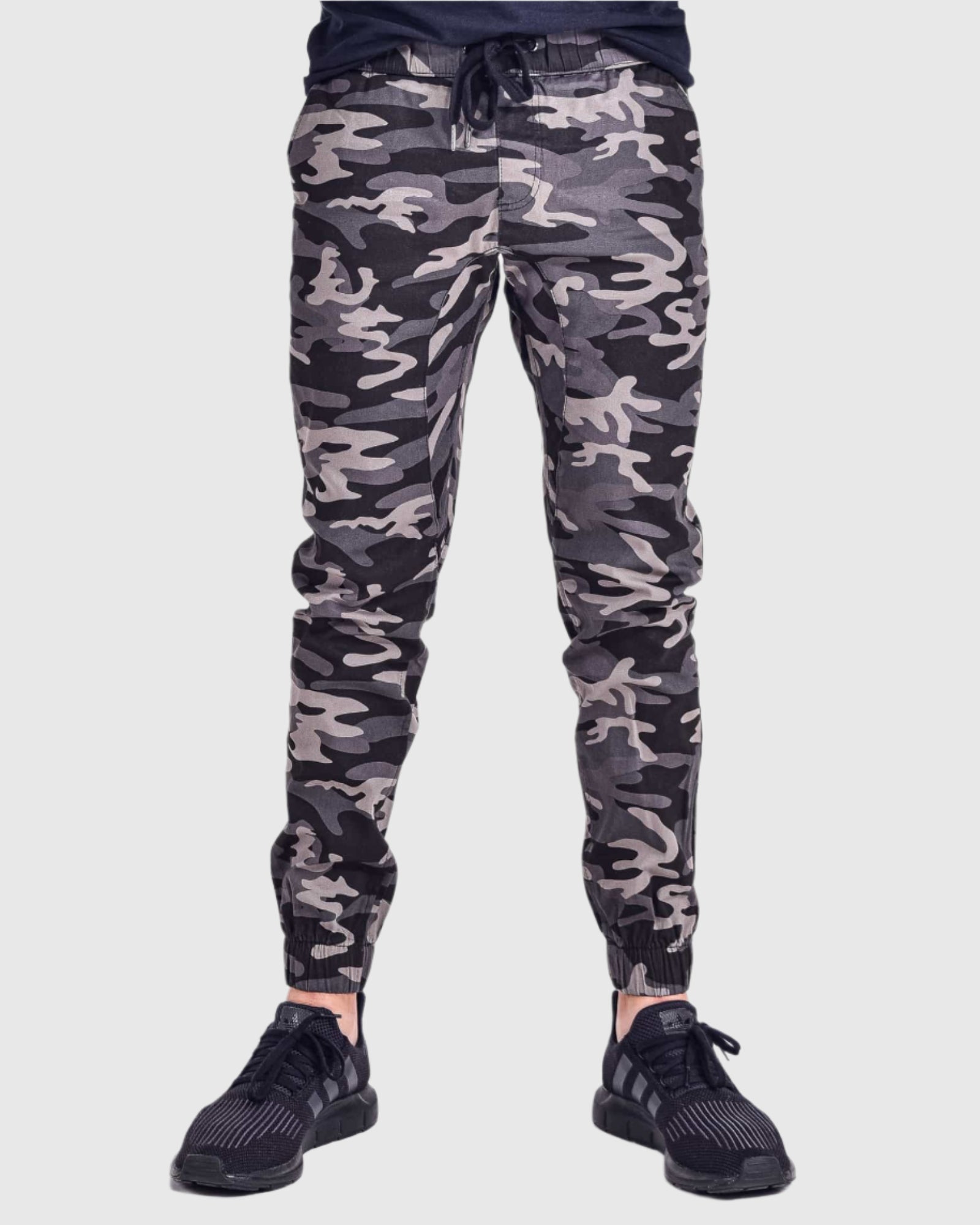 Mens Clayton twill stretch joggers with elastic waistband and drawstring closure in Black Camo