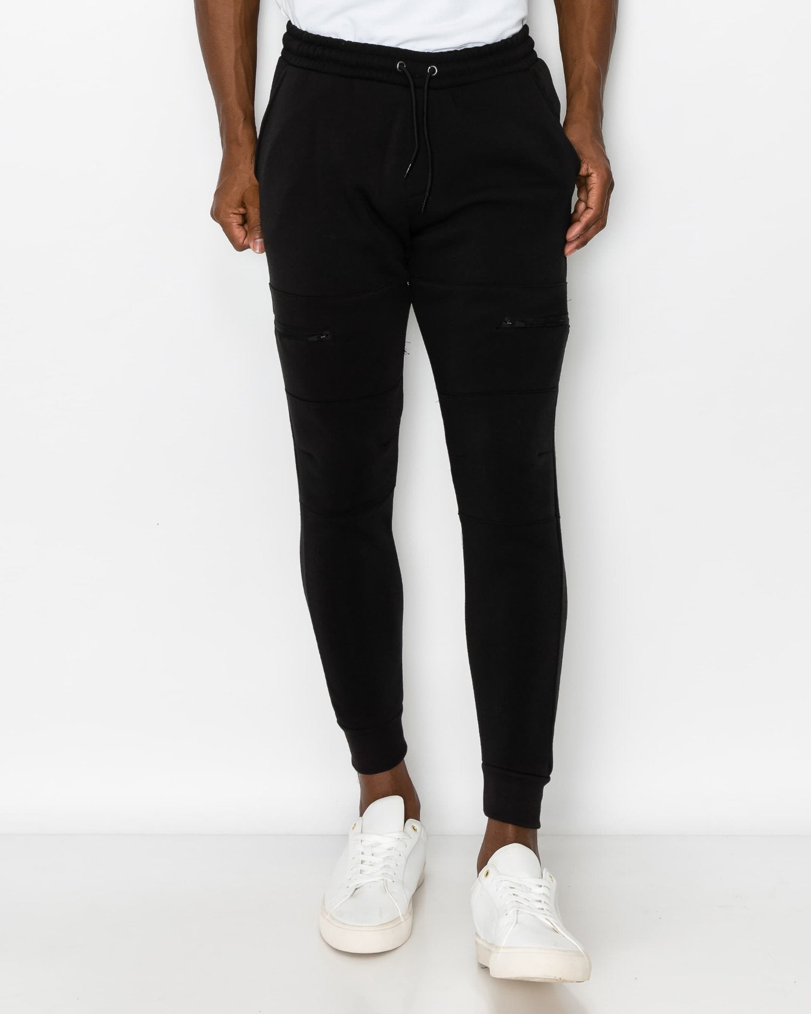 Mens drawstring marc fleece joggers in Black side zip pockets